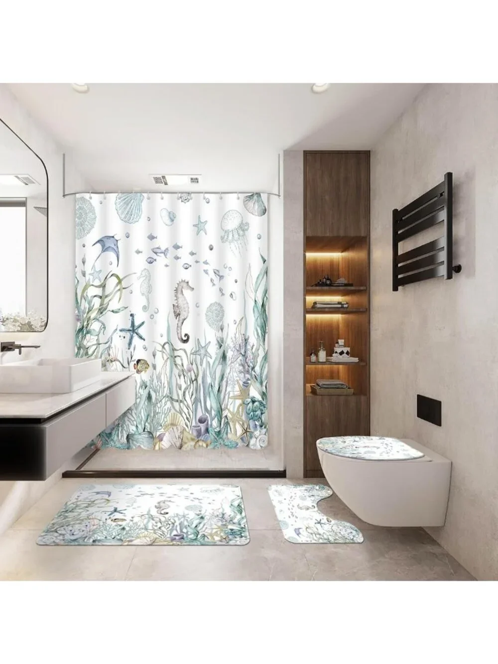 Nautical Beach Shower Curtain Set with Seashells, Starfish & Non-Slip Rugs
